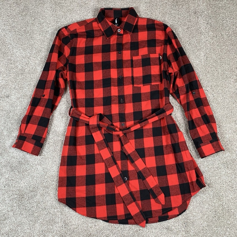 AGNES & DORA Women's Belted Long Shirt Button Up Buffalo Check Red Black MEDIUM